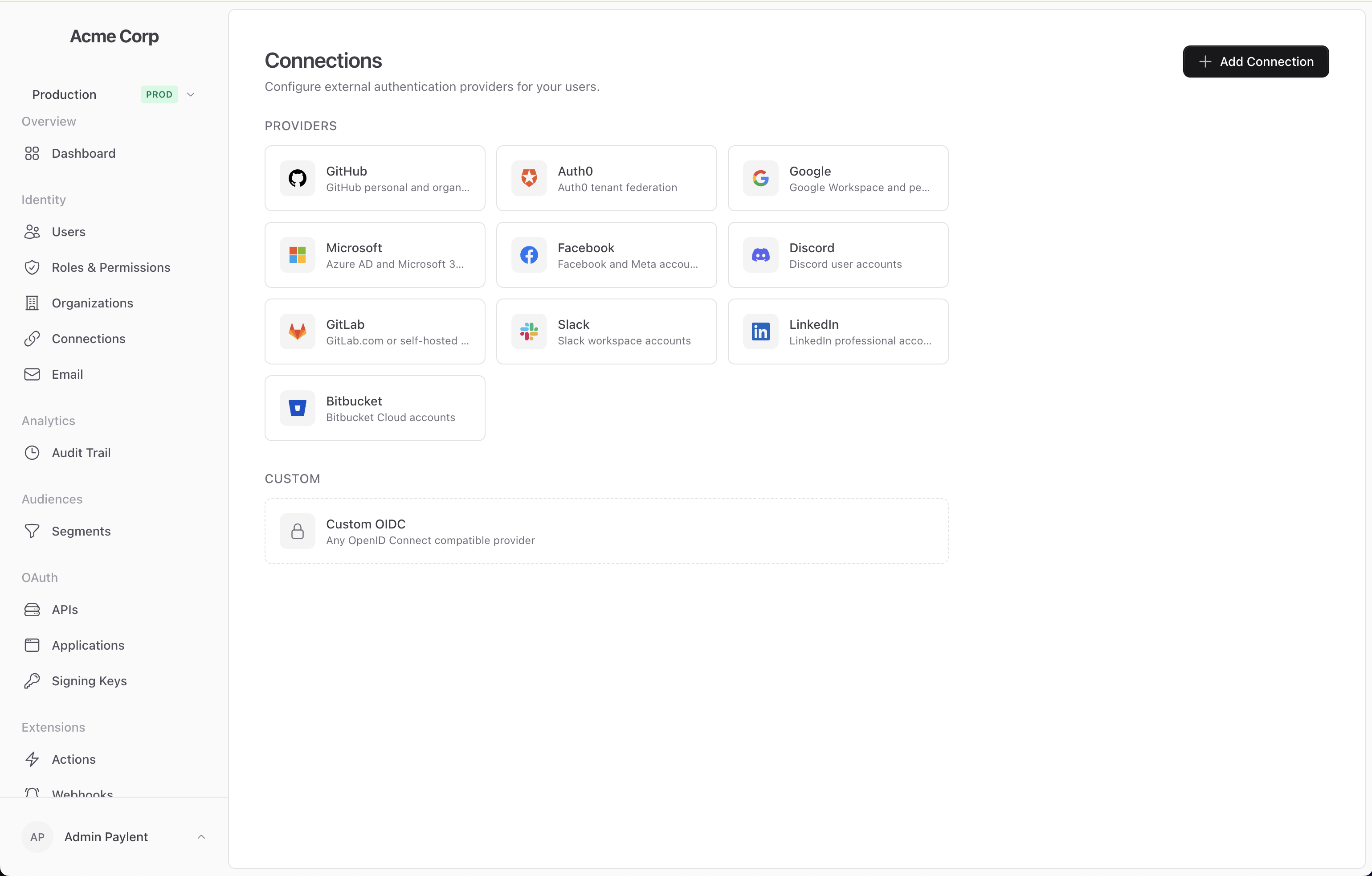 Paylent dashboard showing external authentication provider connections including GitHub, Google, Microsoft, and more