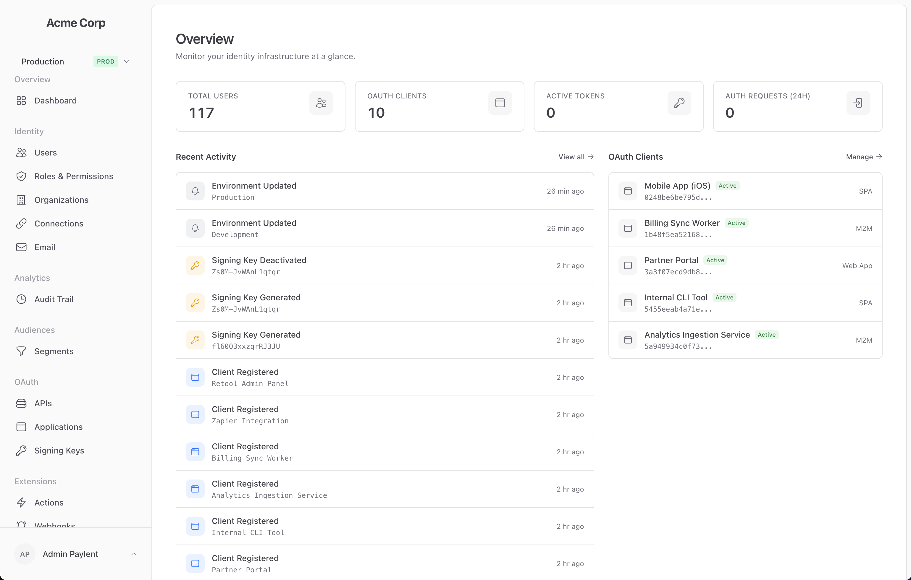 Paylent dashboard showing authentication provider connections
