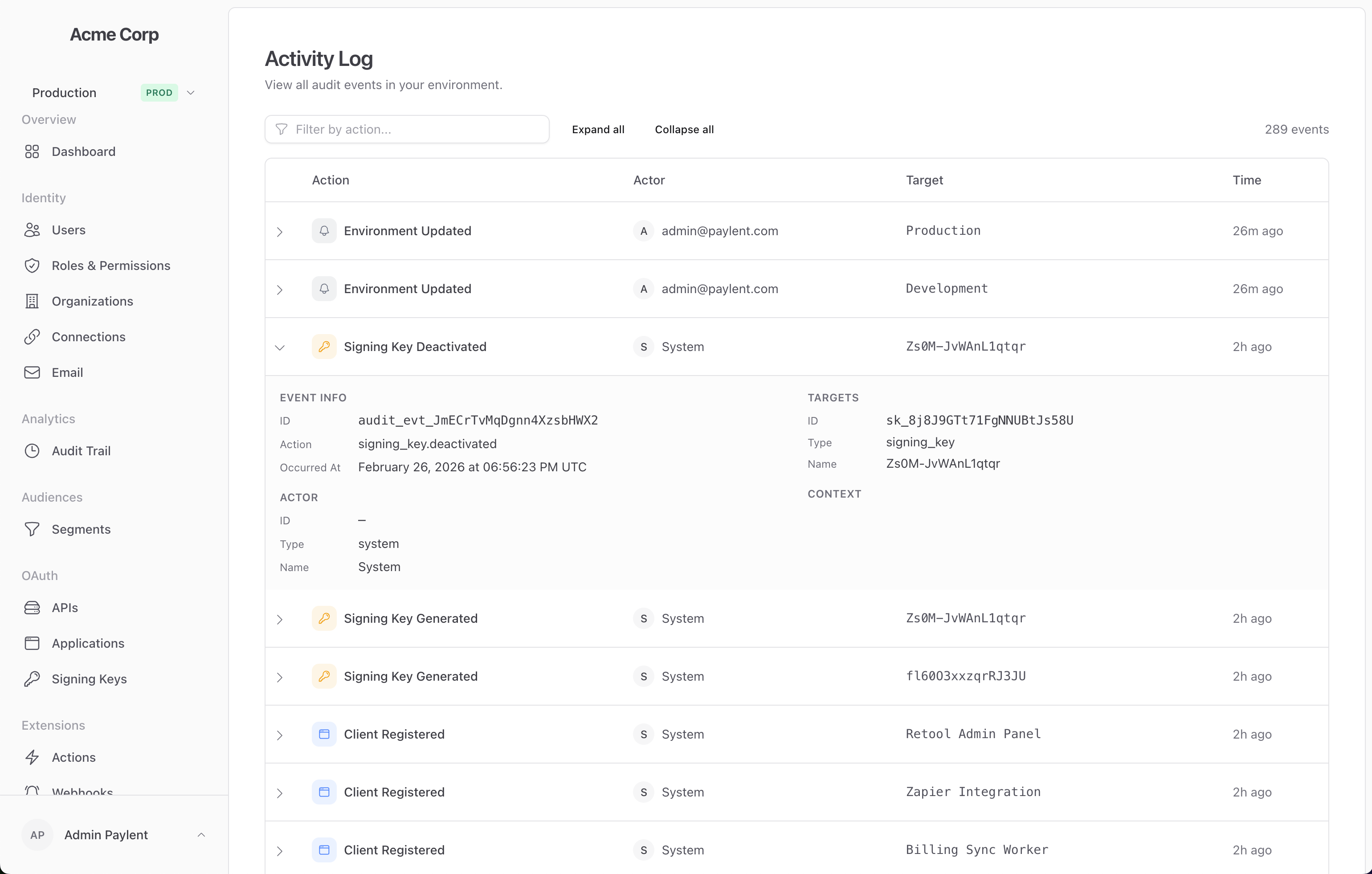 Paylent dashboard showing the audit trail
