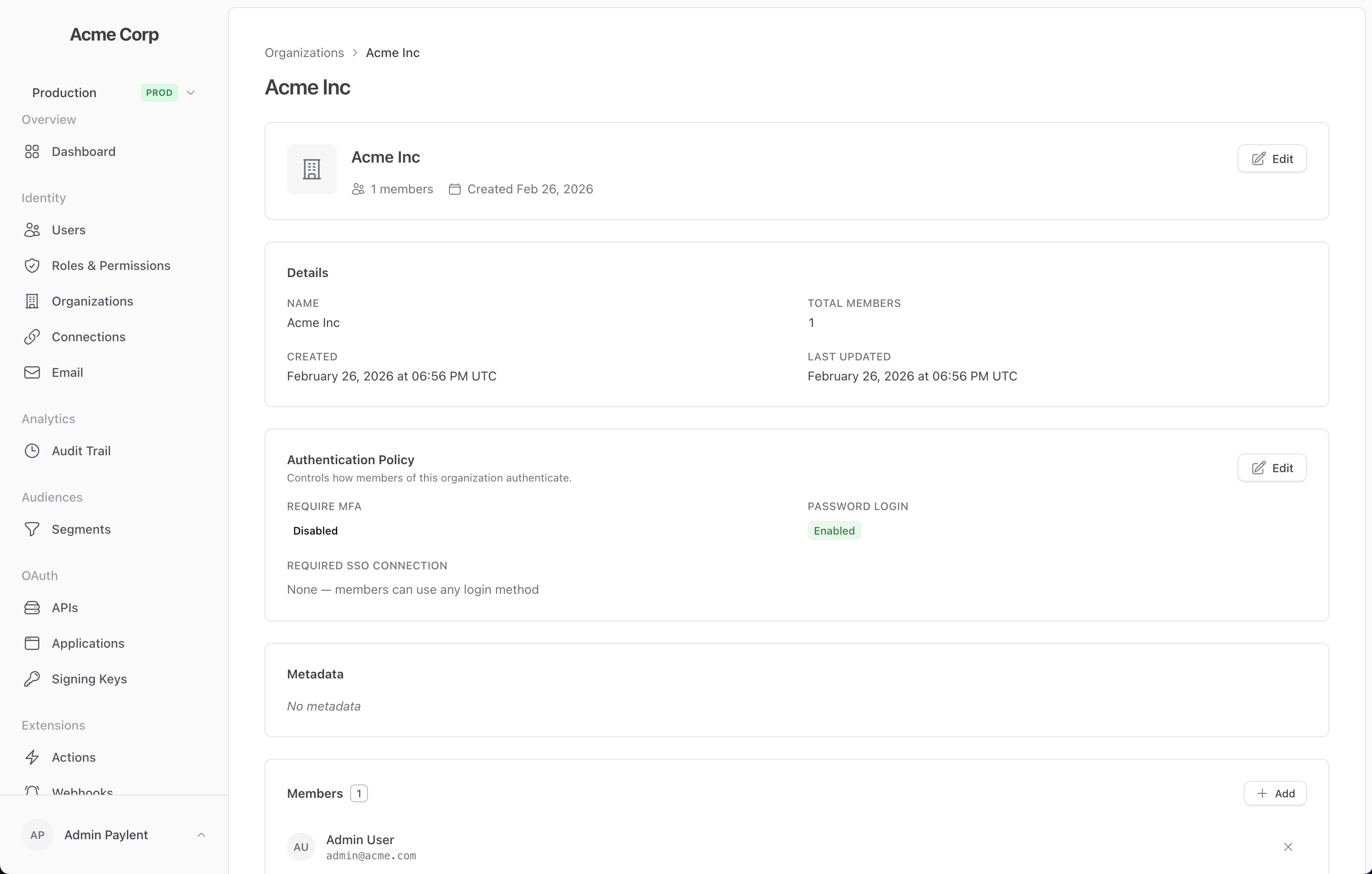 Paylent dashboard showing organizations management