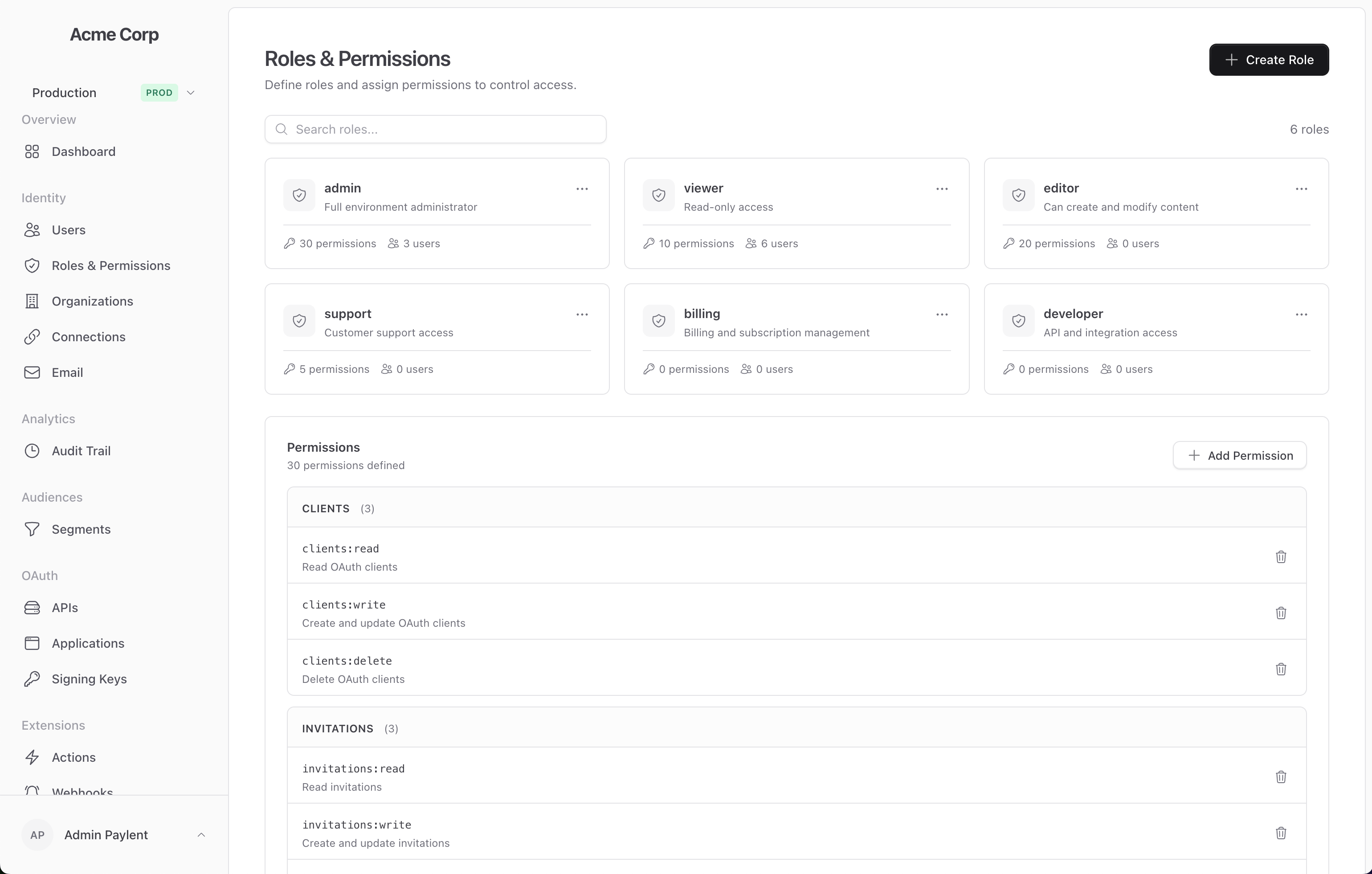 Paylent dashboard showing roles and permissions management