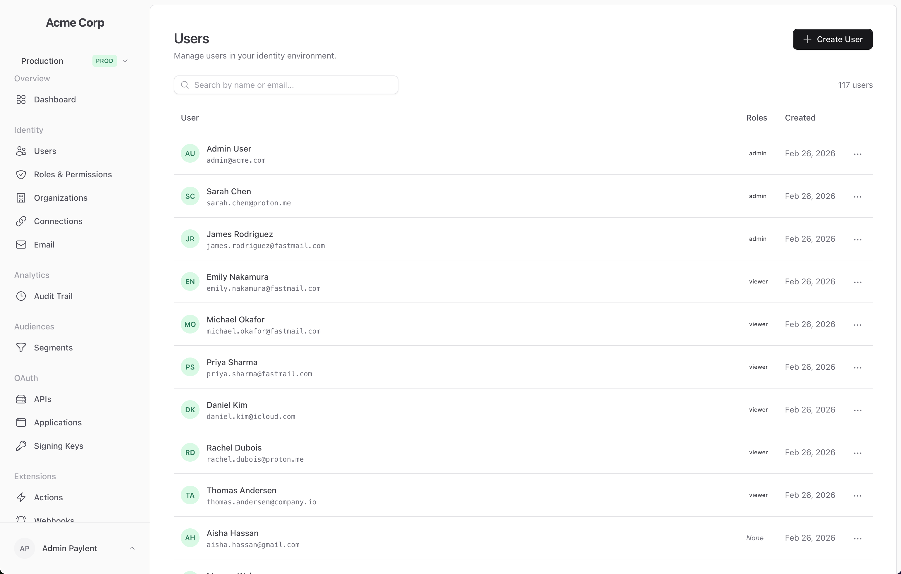 Paylent dashboard showing user management interface